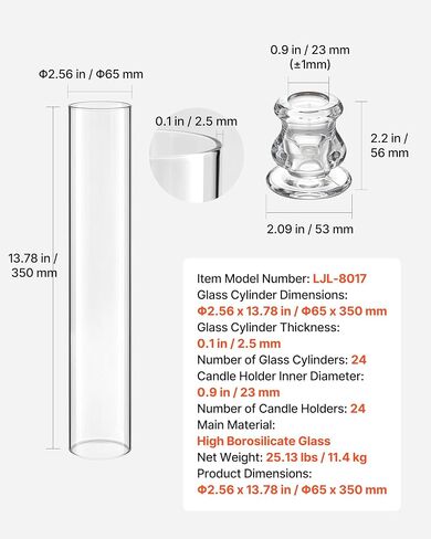 مجموعة حوامل شموع VEVOR Hurricane مكونة من 24 قطعة، Φ2.56 × 13.78 بوصة، حامل شموع اسطوانة زجاجية طويلة القامة، زجاج بوروسيليكات عالي، حماية من الرياح لحفلات الزفاف، قطعة مركزية للطاولة، والحفلات، وديكور المنزل in Saudi Arabia