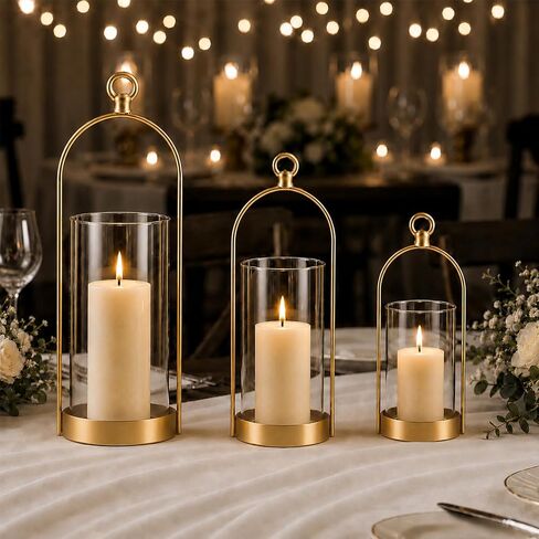 Hurricane Candle Holders Set of 3, Gold Metal Candleholders with Glass Shade Fits 3" and 4" Pillar Candles, Farmhouse Lantern Decor for Mantel, Dining Table, Console Table, Bathroom in Saudi Arabia