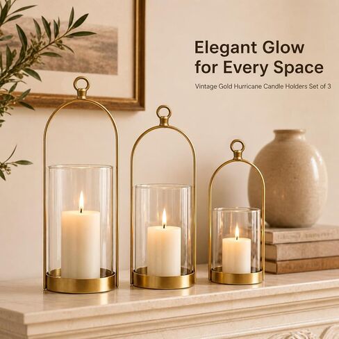 Hurricane Candle Holders Set of 3, Gold Metal Candleholders with Glass Shade Fits 3" and 4" Pillar Candles, Farmhouse Lantern Decor for Mantel, Dining Table, Console Table, Bathroom in Saudi Arabia