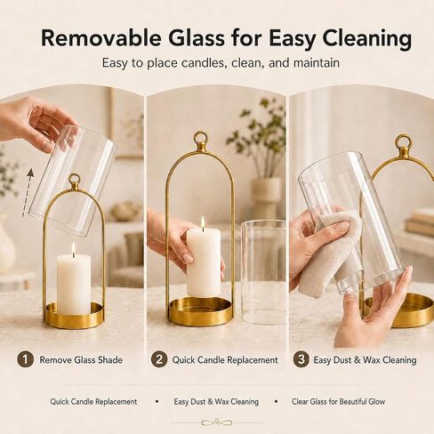 Hurricane Candle Holders Set of 3, Gold Metal Candleholders with Glass Shade Fits 3" and 4" Pillar Candles, Farmhouse Lantern Decor for Mantel, Dining Table, Console Table, Bathroom in Saudi Arabia