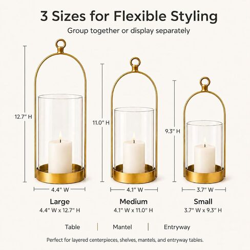 Hurricane Candle Holders Set of 3, Gold Metal Candleholders with Glass Shade Fits 3" and 4" Pillar Candles, Farmhouse Lantern Decor for Mantel, Dining Table, Console Table, Bathroom in Saudi Arabia