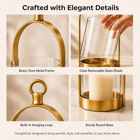 Hurricane Candle Holders Set of 3, Gold Metal Candleholders with Glass Shade Fits 3" and 4" Pillar Candles, Farmhouse Lantern Decor for Mantel, Dining Table, Console Table, Bathroom in Saudi Arabia