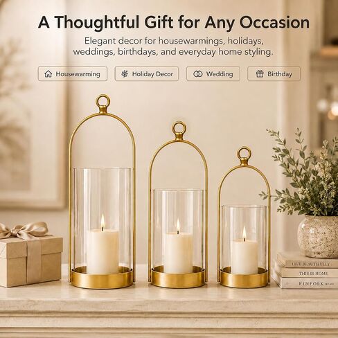 Hurricane Candle Holders Set of 3, Gold Metal Candleholders with Glass Shade Fits 3" and 4" Pillar Candles, Farmhouse Lantern Decor for Mantel, Dining Table, Console Table, Bathroom in Saudi Arabia