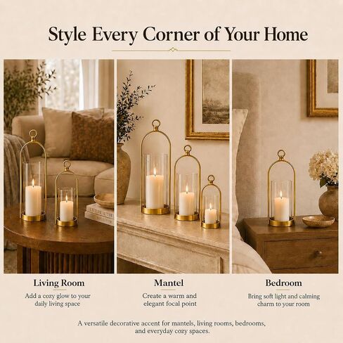 Hurricane Candle Holders Set of 3, Gold Metal Candleholders with Glass Shade Fits 3" and 4" Pillar Candles, Farmhouse Lantern Decor for Mantel, Dining Table, Console Table, Bathroom in Saudi Arabia