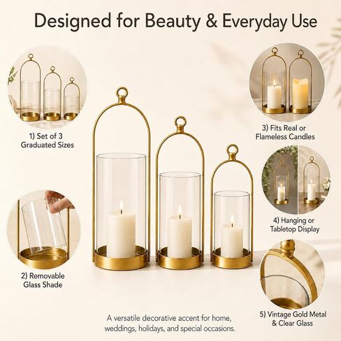 Hurricane Candle Holders Set of 3, Gold Metal Candleholders with Glass Shade Fits 3" and 4" Pillar Candles, Farmhouse Lantern Decor for Mantel, Dining Table, Console Table, Bathroom in Saudi Arabia