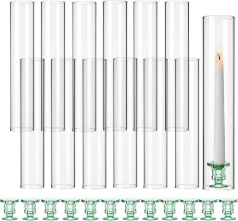Teenyyou 12 Set Glass Hurricane Candle Holders 11.8'' and Green Taper Glass Candlestick Holders 0.9'' Clear Candleholders Open Ended Tube Shape for Wedding Party Table Centerpiece Home Decor in Kuwait