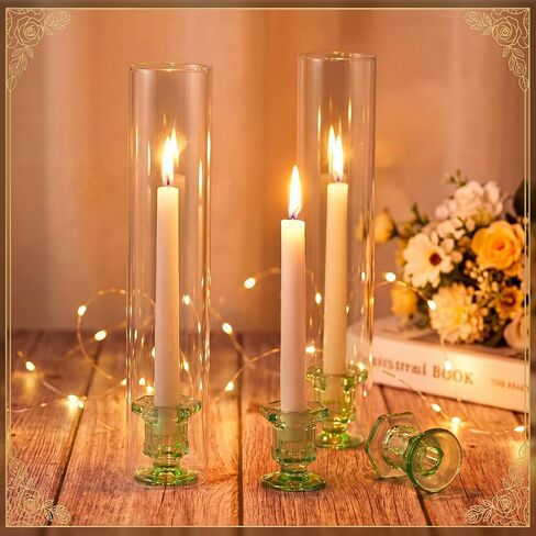 Teenyyou 12 Set Glass Hurricane Candle Holders 11.8'' and Green Taper Glass Candlestick Holders 0.9'' Clear Candleholders Open Ended Tube Shape for Wedding Party Table Centerpiece Home Decor in Kuwait