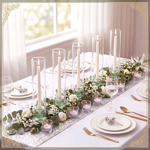 Teenyyou 12 Set Glass Hurricane Candle Holders 11.8'' and Green Taper Glass Candlestick Holders 0.9'' Clear Candleholders Open Ended Tube Shape for Wedding Party Table Centerpiece Home Decor in Kuwait