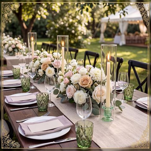 Teenyyou 12 Set Glass Hurricane Candle Holders 11.8'' and Green Taper Glass Candlestick Holders 0.9'' Clear Candleholders Open Ended Tube Shape for Wedding Party Table Centerpiece Home Decor in Kuwait
