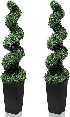 Mavis's Diary 5FT Artificial Spiral Topiary Trees, Set of 2 UV Resistant Faux Boxwood Plants in Square Planter, Indoor Outdoor Fake Shrubs for Front Porch, Entryway, Patio, Home Decor in Saudi Arabia