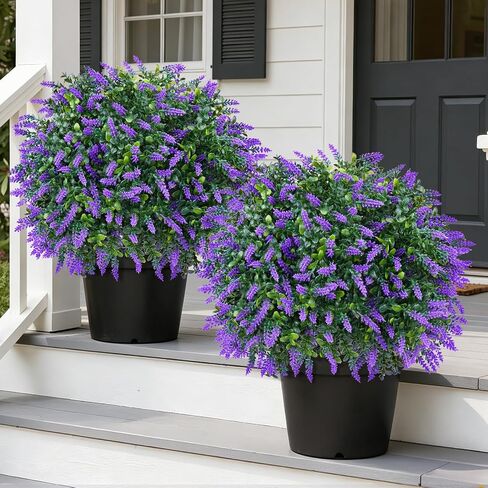 Grooy Artificial Boxwood Topiary Ball with Lavender, Set of 2 Artificial Shrub Bushes with Ground Spike, UV Resistant Fake Evergreen Plant Tree for Porch Outdoor Planters Indoor in Saudi Arabia