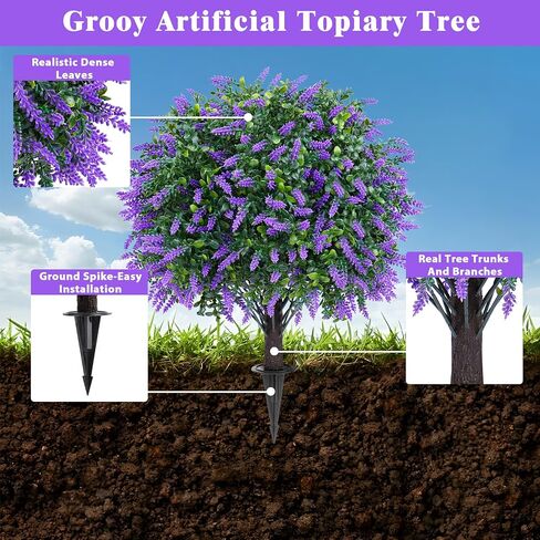 Grooy Artificial Boxwood Topiary Ball with Lavender, Set of 2 Artificial Shrub Bushes with Ground Spike, UV Resistant Fake Evergreen Plant Tree for Porch Outdoor Planters Indoor in Saudi Arabia