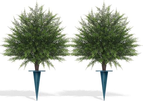 Grooy Artificial Boxwood Topiary Ball with Lavender, Set of 2 Artificial Shrub Bushes with Ground Spike, UV Resistant Fake Evergreen Plant Tree for Porch Outdoor Planters Indoor in Saudi Arabia