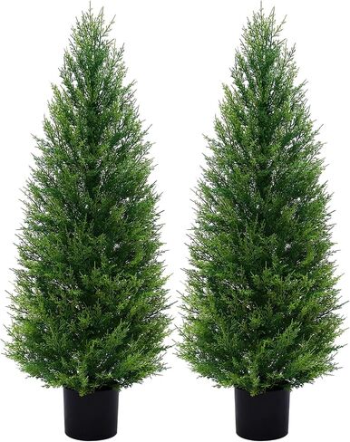 VIVATREES 4FT Artificial Cedar Topiary Trees with Rustic Barrel Planter, Outdoor Indoor Realistic Faux Pine Shrubs Plants, Fake Cypress Trees for Home Offices Porch Decor, Set of 2 in Saudi Arabia