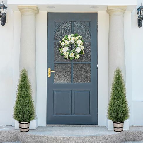VIVATREES 4FT Artificial Cedar Topiary Trees with Rustic Barrel Planter, Outdoor Indoor Realistic Faux Pine Shrubs Plants, Fake Cypress Trees for Home Offices Porch Decor, Set of 2 in Kuwait