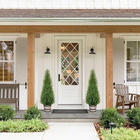 VIVATREES 4FT Artificial Cedar Topiary Trees with Rustic Barrel Planter, Outdoor Indoor Realistic Faux Pine Shrubs Plants, Fake Cypress Trees for Home Offices Porch Decor, Set of 2 in Kuwait