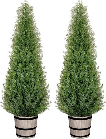 VIVATREES 4FT Artificial Cedar Topiary Trees with Rustic Barrel Planter, Outdoor Indoor Realistic Faux Pine Shrubs Plants, Fake Cypress Trees for Home Offices Porch Decor, Set of 2 in Kuwait