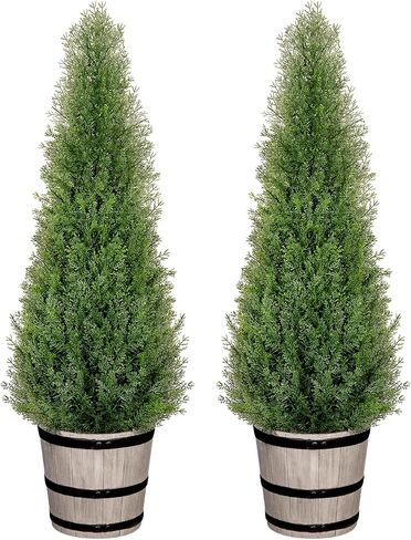 VIVATREES 4FT Artificial Cedar Topiary Trees with Rustic Barrel Planter, Outdoor Indoor Realistic Faux Pine Shrubs Plants, Fake Cypress Trees for Home Offices Porch Decor, Set of 2 in Kuwait