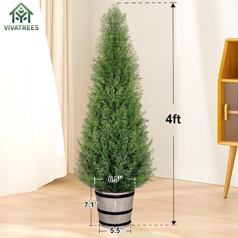 VIVATREES 4FT Artificial Cedar Topiary Trees with Rustic Barrel Planter, Outdoor Indoor Realistic Faux Pine Shrubs Plants, Fake Cypress Trees for Home Offices Porch Decor, Set of 2 in Kuwait