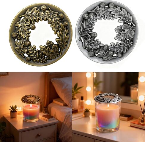Lid Jar Candle Topper Scented Leaf Pine Candle Toppers Cover Accessory Shade Sleeves for Women, Help Burn Melt Evenly,Gifts for Candle Lovers,3.19inch in Diameter (Antique Silver and Antique Bronze) in Saudi Arabia
