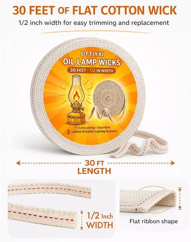 Oil Lamp Wicks, 1/2 Inch x 30 Ft, Flat Cotton Lantern Wick for Oil Lamps in Saudi Arabia