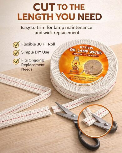 Oil Lamp Wicks, 1/2 Inch x 30 Ft, Flat Cotton Lantern Wick for Oil Lamps in Saudi Arabia