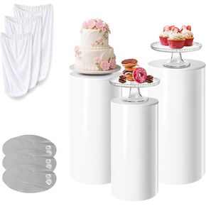 3 Pcs White PVC Cake Stand, Cylinder Pedestal Stands, Cylinder Stands for Party, with Weighted Water Bag & Spandex Cloth Cover for Wedding, Birthday Decor, 34.06''(L), 29.13''(M), 23.82''(S) in Kuwait