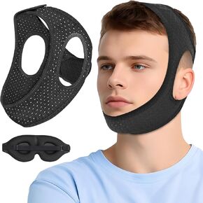 Chin Strap for Sleeping, Anti Snoring Devices Comfortable Effective Stop Snoring Solution, Snore Stopper Breathable, Anti Snore Chin Strap Adjustable Velcro, with Eye Mask, Black in Kuwait