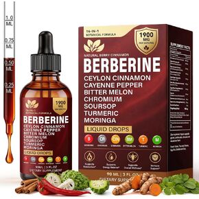 Berberine with Ceylon Cinnamon Supplement Liquid Drops, 1900mg 14-in-1 Herbal Complex with Turmeric, Bitter Melon, Panax Ginseng, Turmeric & Soursop, Metabolic & Immune Support for Men & Women, 90ml in Saudi Arabia