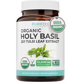 PURE CO USDA Organic Holy Basil Supplement – High Potency Organic Holy Basil 500mg 25:1 Extract 1 Capsule Per Serving – High Strength Tulsi Extract – 120 Vegan Capsules – Non-GMO & Made in USA in Saudi Arabia