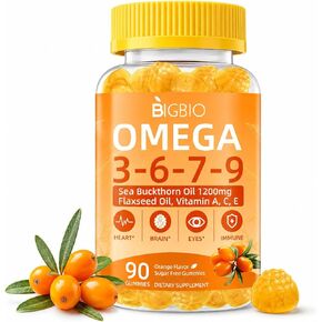 Omega 3-6-7-9 Gummies, Organic Sea Buckthorn Oil 1200MG & Flaxseed Oil 500MG, Vegan Omega 7 Supplement w/Vitamin A, C, E, Fatty Acids, No Fish Taste, Supports Skin, Eye, Immune, Brain Health, 90 Cts in Saudi Arabia