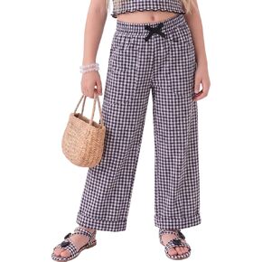 Girls Plaid Wide Leg Pants Elastic Waist Casual Trousers with Pockets in Kuwait