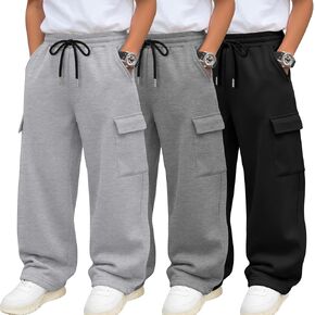 3 Pack Boys' Cargo Sweatpants Lightweight Baggy Pants with Pockets Kids Casual Drawstring Wide Leg Joggers 7-16 Y in Kuwait
