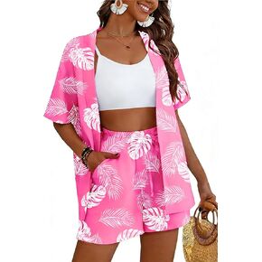 Women Hawaiian 2 Piece Outfits Summer Casual Short Sleeve Button Down Shirt Shorts Tropical Set Vacation Tracksuit in Saudi Arabia