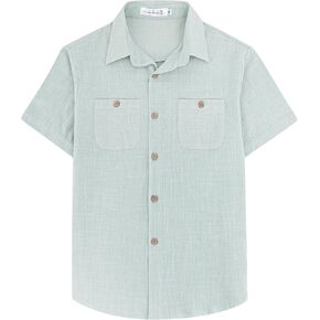 Yoimira Boys Short Sleeve Button Down Shirts Lightweight Summer Casual Cotton Woven Shirt with Pockets for Kids 6-14 Years in Kuwait