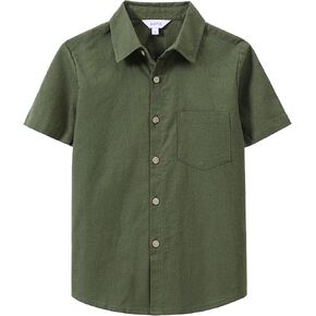 Boys Linen Shirts Casual Button Down Shirt Short Sleeve Solid Button Up Shirt with Pocket for Kids in Kuwait