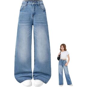 Jeans for Girls Baggy Wide Leg Elastic High Waisted Washed Denim Pants Cute Y2K Trendy Boyfriend Streetwear 7-14Y in Saudi Arabia