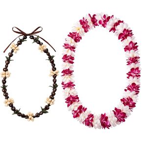 Riceshoot 2 Pcs Hawaiian Graduation Lei Set Kukui Nut Necklace Tropical Artificial Flower Gift for School College Grad Party in Kuwait