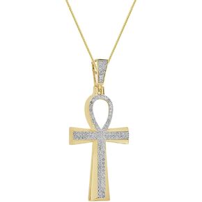 Real Genuine Authentic Natural Diamonds 0.60 Cwt. 14K Gold Finish Egyptian Ankh Cross Pendant Charm Franco Chain Neckless Set 2.00 Inch. in Kuwait