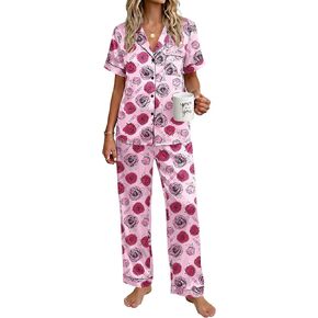 Ekouaer Womens Silky Satin Pajamas Set Short Sleeve Button Down Sleepwear 2 Piece Lounge Set Pj Set in Kuwait