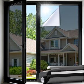 LUTE One Way Window Privacy Film, Window Tint for Home, Sun Blocking UV Heat Blocker, See Out Not in Reflective Mirror Film, Removable Static Cling Glass Door Cover, Black Silver, 17.5" x 78.7" in Saudi Arabia