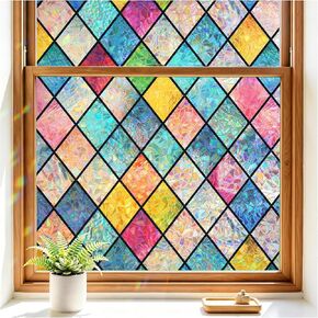 Haton Window Privacy Film Stained Glass Film, Rainbow Decorative Window Cling, Static Cling Sun Blocking Decals for Home Door, 3D Colorful Lattice Stickers, Non-Adhesive 17.5" x 78.7" in Saudi Arabia