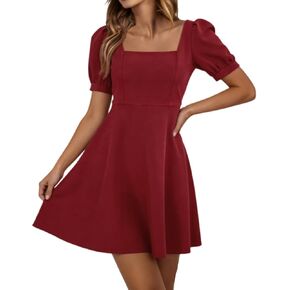 A Line Dresses for Women Square Neck Sleeve Ruffle Hem Dress Summer Casual Solid Color Cute Club Party Mini Dress in Saudi Arabia