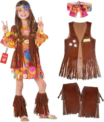 Morph Kids Hippie Vest Costume Girls Hippie Dress Costume 70s Costume Kids 70s Disco Hippie Costume Dress Outfit For Girls in Saudi Arabia