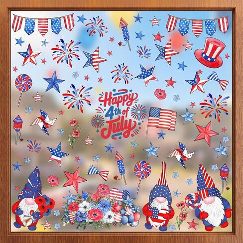 ZAWE 9 Sheets Gnomes Fireworks America Stars 4th of July Window Clings Patriotic Memorial Day Double-Sided Reusable Static Window Decals Stickers for Party Home Classroom Office Decorations in Kuwait