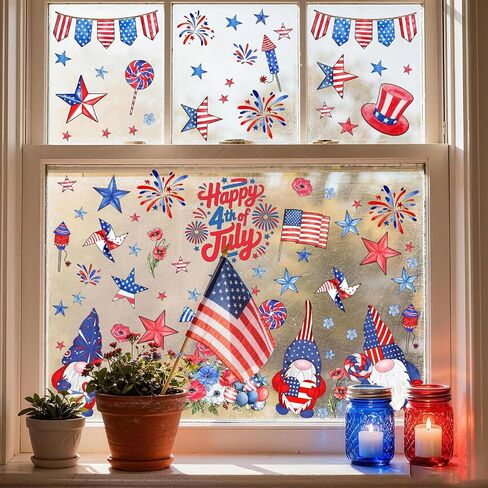ZAWE 9 Sheets Gnomes Fireworks America Stars 4th of July Window Clings Patriotic Memorial Day Double-Sided Reusable Static Window Decals Stickers for Party Home Classroom Office Decorations in Kuwait
