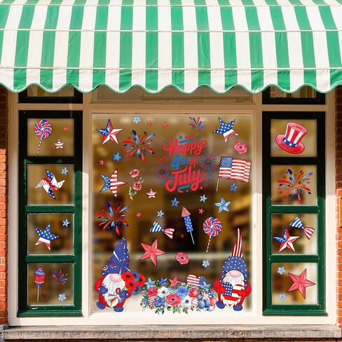 ZAWE 9 Sheets Gnomes Fireworks America Stars 4th of July Window Clings Patriotic Memorial Day Double-Sided Reusable Static Window Decals Stickers for Party Home Classroom Office Decorations in Kuwait