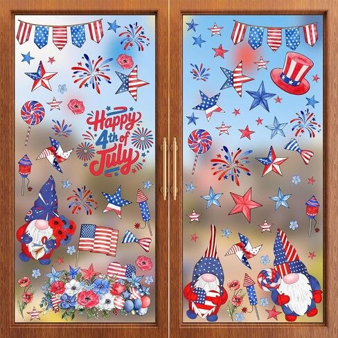 ZAWE 9 Sheets Gnomes Fireworks America Stars 4th of July Window Clings Patriotic Memorial Day Double-Sided Reusable Static Window Decals Stickers for Party Home Classroom Office Decorations in Kuwait