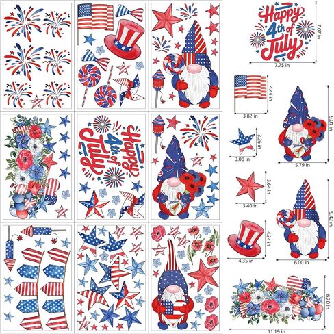 ZAWE 9 Sheets Gnomes Fireworks America Stars 4th of July Window Clings Patriotic Memorial Day Double-Sided Reusable Static Window Decals Stickers for Party Home Classroom Office Decorations in Kuwait