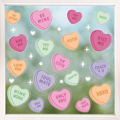 Big Dot of Happiness Valentine Hearts Window Clings, Reusable Holiday Window Sticker Decorations, Colorful Candy Heart Decals, Valentine Static Clings for Galentine's Day Party in Kuwait